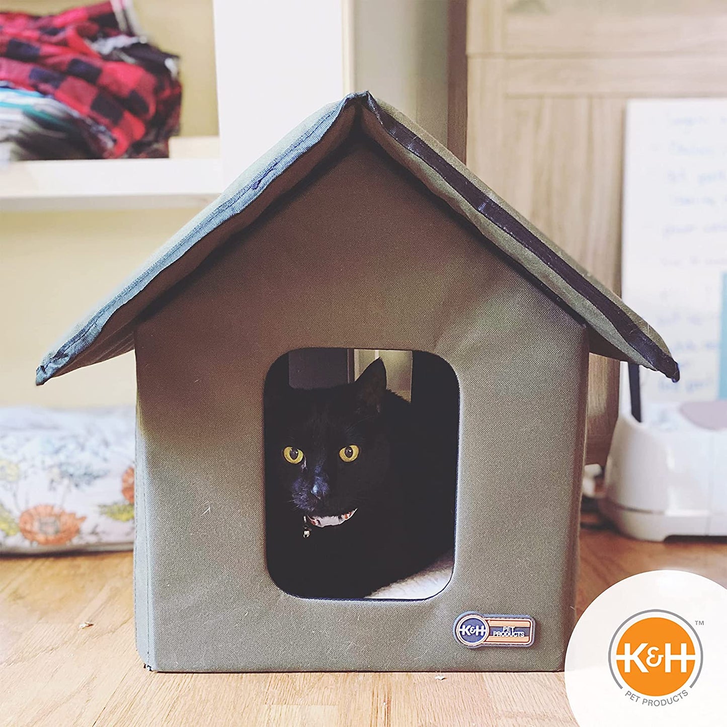 Weatherproof Outdoor Cat House - Insulated Shelter for Ferals with 2 Doors & Removable Waterproof Floor Pad - Olive Green